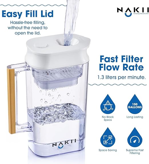 Nakii Water Filter Pitcher 1.8L - Long Lasting 150 Gallons Filtered Water Pitchers With Fast Filtration & Purification Technology - Removes Chlorine, Metals For Clean Tasting Water - WQA Certified