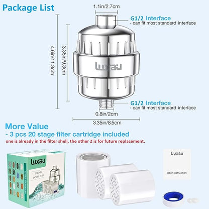 20 Stage Shower Filter w/ 3 Cartridge, Shower Head Filter, Reduce Well Hard Water Chlorine Heavy Metal & Impurity, Improve Skin Hair, Fit Most Handheld Showerhead Fixed Rainfall, Chrome