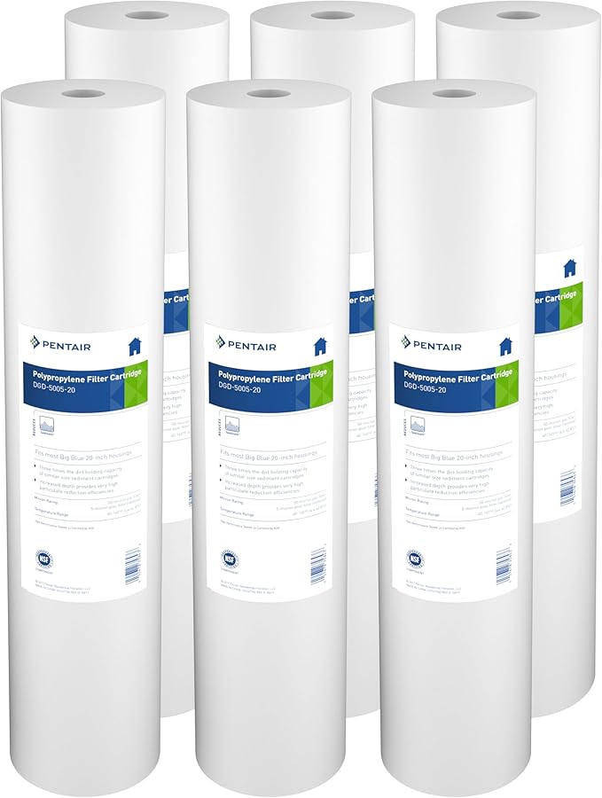 Pentair Pentek DGD-5005-20 Big Blue Water Filter, 20-Inch Whole House Sediment Filter Cartridge Replacement, Dual-Gradient Density Spun Polypropylene, 20" x 4.5", 5 Micron, Pack of 6, White