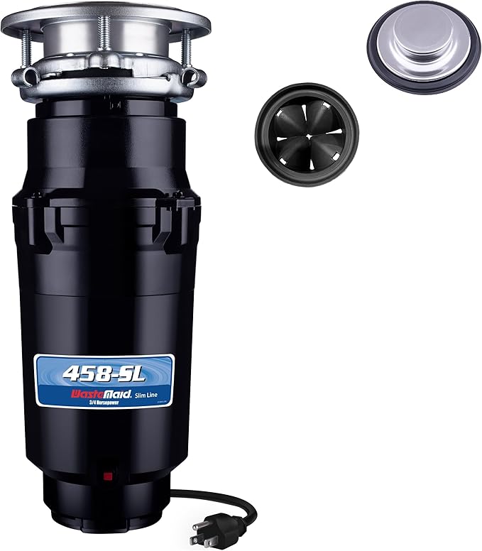 Waste Maid 10-US-WM-458-SL-3B Garbage Disposal Anti-Jam Stainless Steel Food Waste Grinding System, 3/4 HP Slim Line, Black