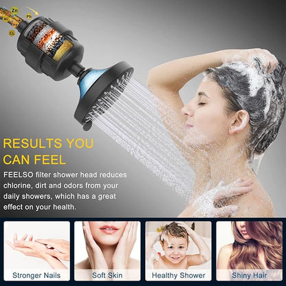 FEELSO Shower Head and 15 Stage Shower Filter Combo, High Pressure 5 Spray Settings Filtered Showerhead with Water Softener Filter Cartridge for Hard Water Remove Chlorine and Harmful Substances