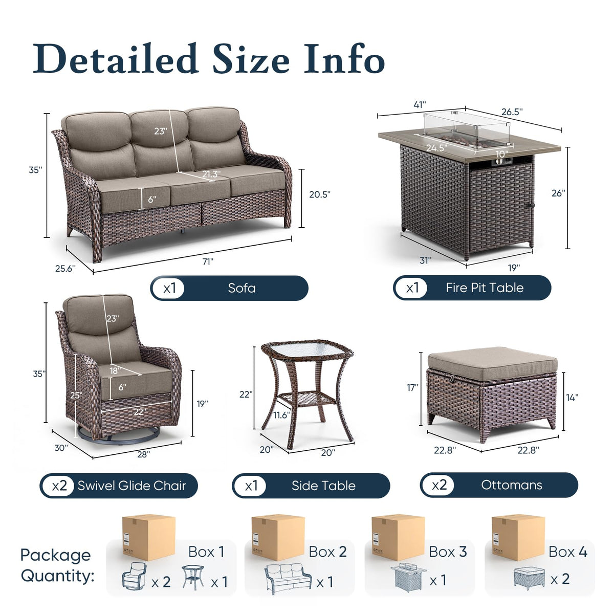 Luxury 6" Thick Cushioned 7 Pieces Patio Furniture Set with Fire Pit Table, Wicker Outdoor Conversation Set with High Back Swivel Rocker Chairs for Deck Porch Yard and Poolside - Brown+Grey