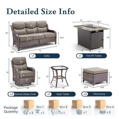 Luxury 6" Thick Cushioned 7 Pieces Patio Furniture Set with Fire Pit Table, Wicker Outdoor Conversation Set with High Back Swivel Rocker Chairs for Deck Porch Yard and Poolside - Brown+Grey