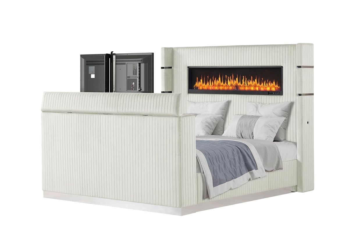 King Bed Frame with Fireplace and TV Stand - Wood Platform Bed with 68" Tall Headboard and Storage, Upholstered Sleigh Bed, Velvet Bedframe with TV Mount and USB Ports for Bedroom Furniture, Beige