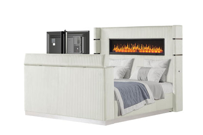 King Bed Frame with Fireplace and TV Stand - Wood Platform Bed with 68" Tall Headboard and Storage, Upholstered Sleigh Bed, Velvet Bedframe with TV Mount and USB Ports for Bedroom Furniture, Beige