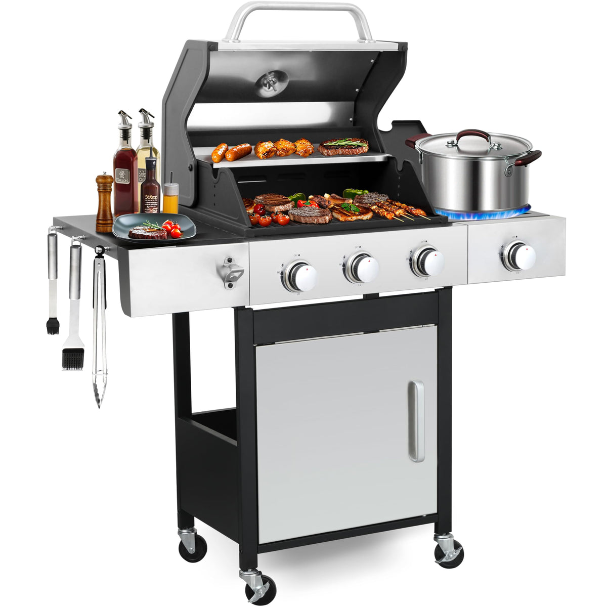 39000 BTU Output Propane Gas Grill with Side Burner and 3 Main Burners - Double-layer Stainless Steel Lid, Cast Iron Grids, Easy-Clean Grease Management & Even Heat Distribution for Perfect BBQs