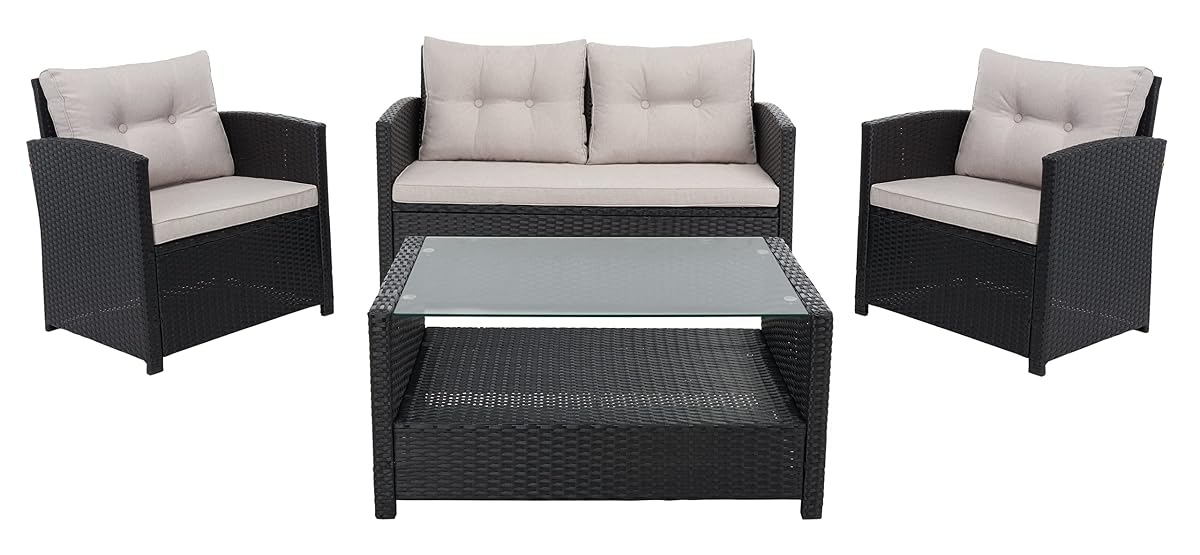 SAFAVIEH Outdoor Collection Vellor Black/Light Grey Cushion 4-Piece Conversation Patio Set