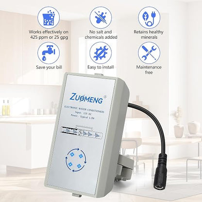Electronic Water Descaler, Zuomeng Whole House Descaler with High Efficiency in Dissolving Scale for 2000-5000 sq ft Homes, 1.5” Pipes, Water Softener Alternative, No Chemicals, Salt or Filters