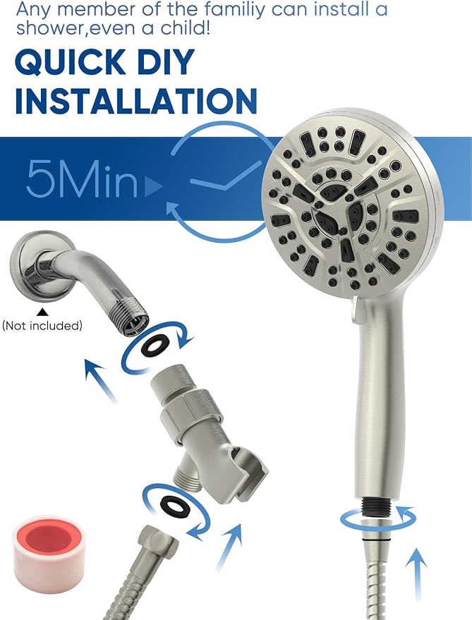 Pavezo® High Pressure Shower Head Handheld 5" Large, 10-mode Portable Detachable Shower Head with Hard Water Filter, Extra Long 60" SS Hose, Anti-clog & Powerful to Clean Tile & Pets, Brushed Nickel