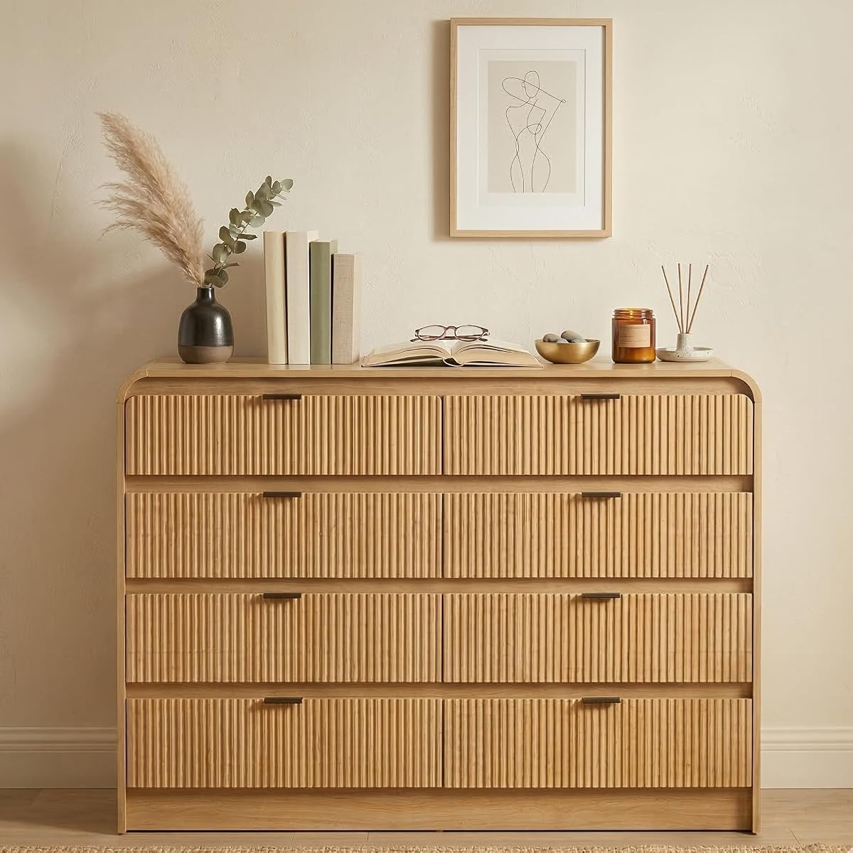 Fluted 8 Drawers Dresser for Bedroom, 55" Wide Wooden Dresser with Metal Handle, Curved Profile Design, Modern Storage Organizer for Bedroom, Living Room, Hallway, Natural Oak