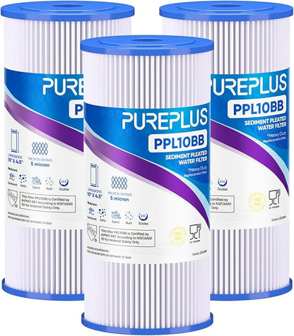 PUREPLUS 5 Micron 10" x 4.5" Whole House Pleated Sediment Filter for Well Water, Replacement Cartridge for GE FXHSC, Culligan R50-BBSA, Pentek R50-BB, DuPont WFHDC3001, W50PEHD, GXWH40L, 3Pack