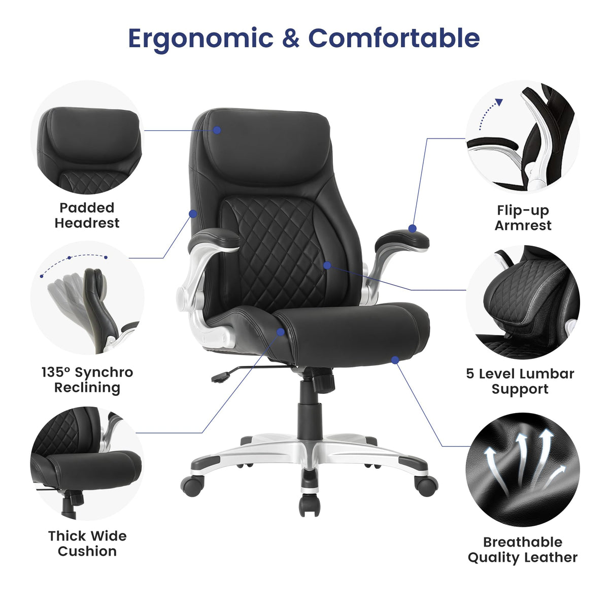 Ergonomic Office Chair Premium Microfiber Leather Adjustable Lumbar Support & Armrests, High Back Comfy Desk Gaming Chairs Executive Computer Swivel Chair Tilt Function(Posture,Black)