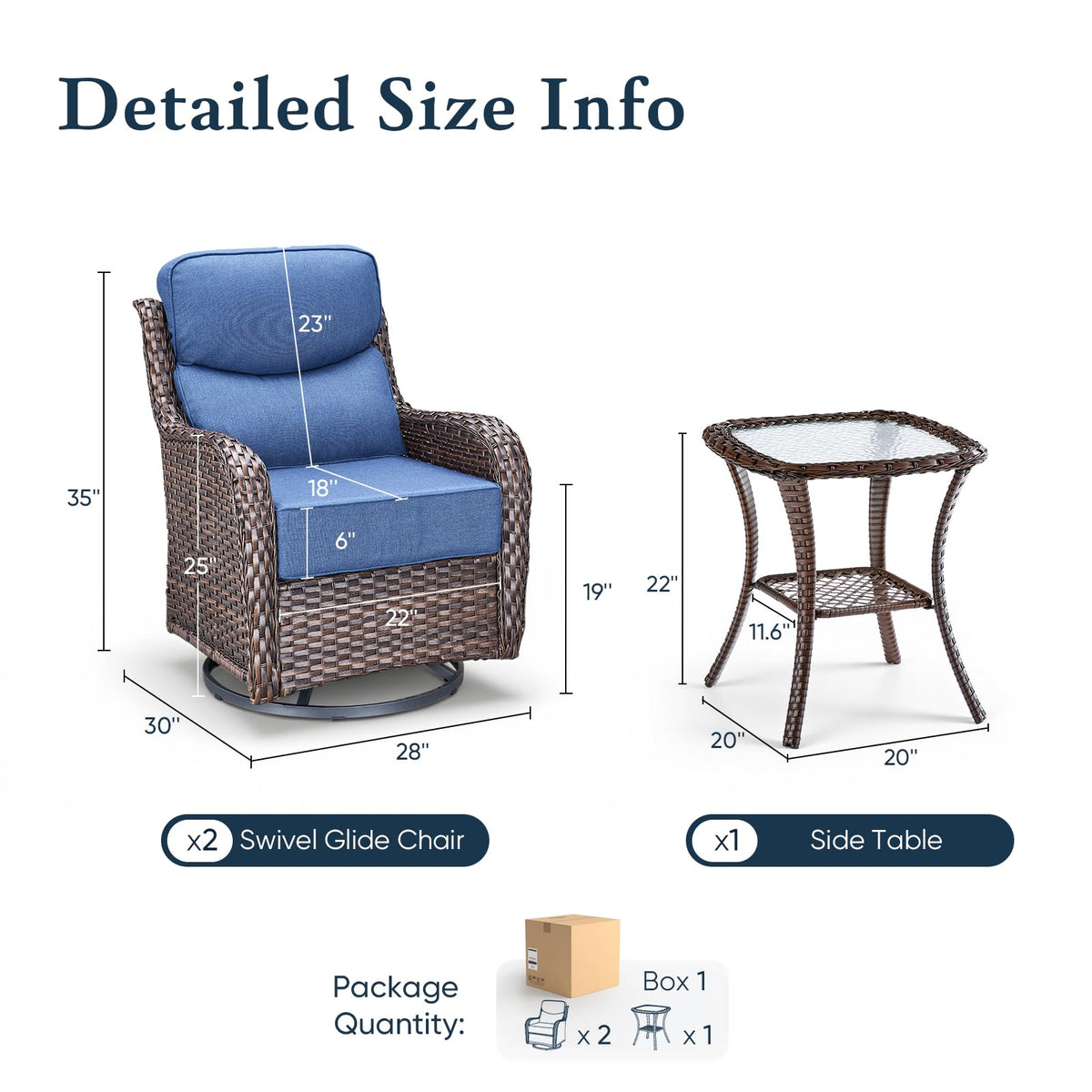Luxury 6" Thick Cushioned Outdoor Swivel Rocker Patio Chairs with Side Table, High Back Wicker Furniture Set with Ergonomic Zone Back, Conversation Glider Set for Deck Porch - Brown+Blue