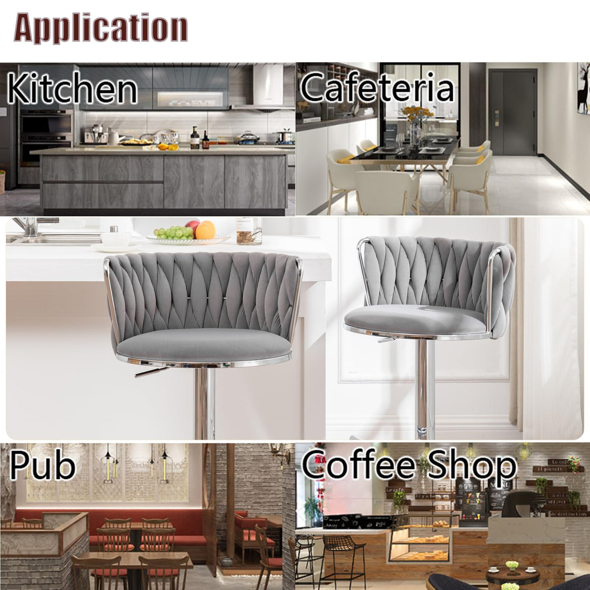 Velvet Bar Stools Set of 4, Swivel Counter Height Bar Stools with Back, Adjustable Woven Barstools for Kitchen Island, Pub, Club (Grey)