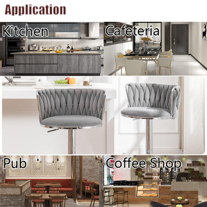Velvet Bar Stools Set of 4, Swivel Counter Height Bar Stools with Back, Adjustable Woven Barstools for Kitchen Island, Pub, Club (Grey)