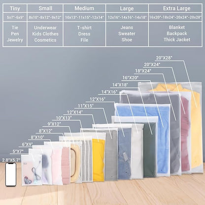 Svaldo Clothing Bags, 50 Count 20x28 inch Jumbo Extra Large Frosted Zipper Plastic Bags for Clothes, Sweater Dress, Backpack, Blanket, T Shirt Packaging Shipping, 3 Mil, with Vent Holes