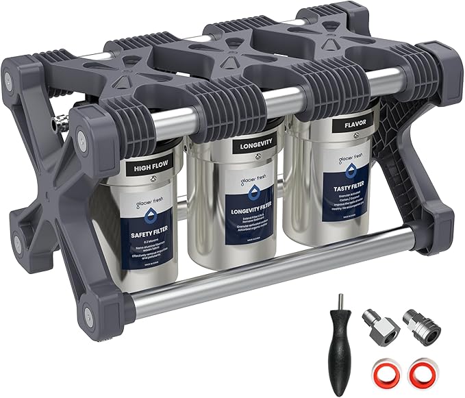 GLACIER FRESH Replacement for Technology RV Water Filtration System, 0.2 Micron Camper Water Filter with Compact 5 Inch Filter, 3-Stage Premium RV Water Filtration System for RVs, Campers and Boats