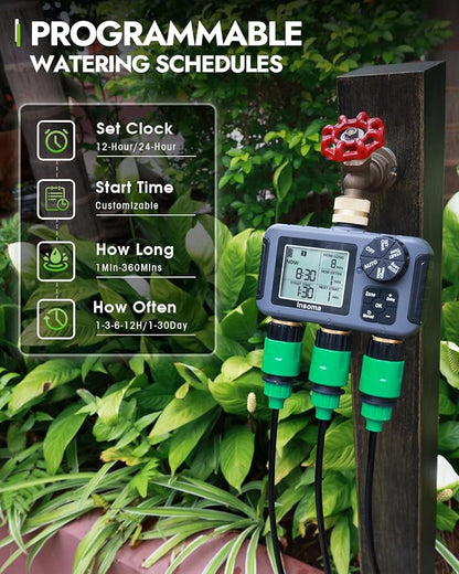 Insoma 3 Outlets Sprinkler Timer, Brass Inlet and Outlet | Automatic Irrigation/Manual Mode Optional | Large LCD + Rain Delay | IPX5 Waterproof, Water Hose Timer for Lawn, Garden, Pool
