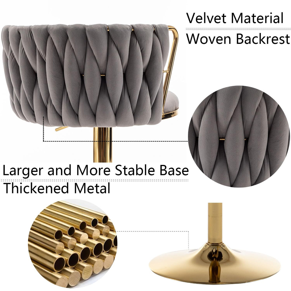 Gold Velvet Bar Stools Set of 2, Swivel Counter Height Bar Stools with Back, Adjustable Woven Barstools for Kitchen Island, Pub, Club (Grey)