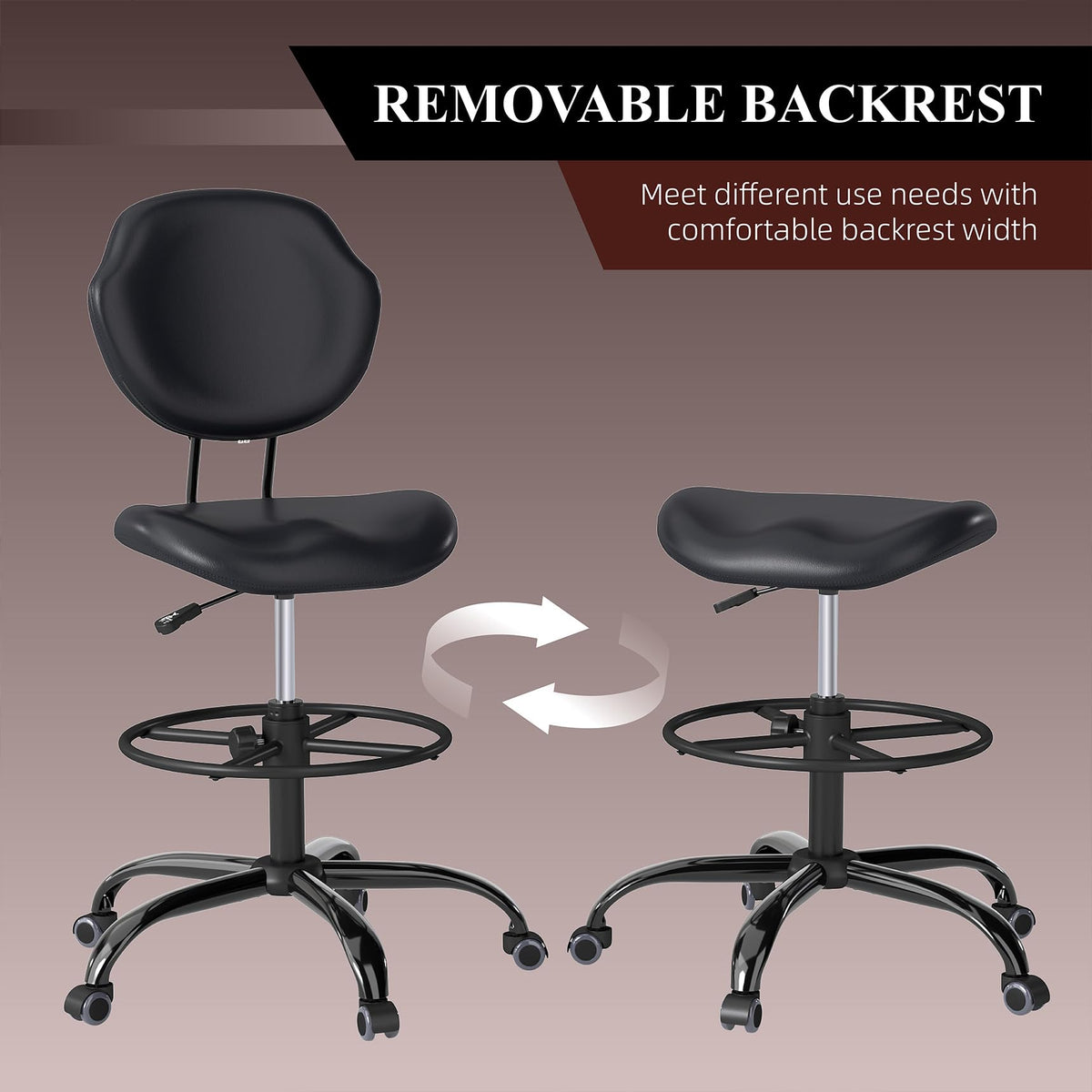 Drafting Chair with Back Support, Tall/High Desk Rolling Stool with Footrest Ring, Faux Leather Office Chair with Height Adjustable for Standing Desk, Home Office, Bar, Workbench & Kitchen(Black)