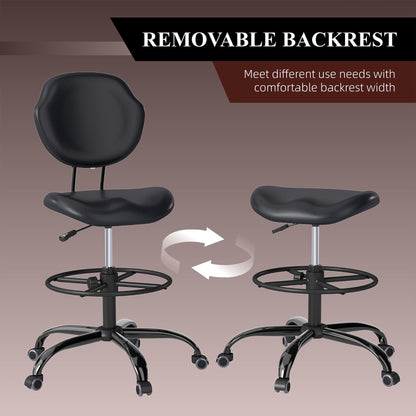 Drafting Chair with Back Support, Tall/High Desk Rolling Stool with Footrest Ring, Faux Leather Office Chair with Height Adjustable for Standing Desk, Home Office, Bar, Workbench & Kitchen(Black)