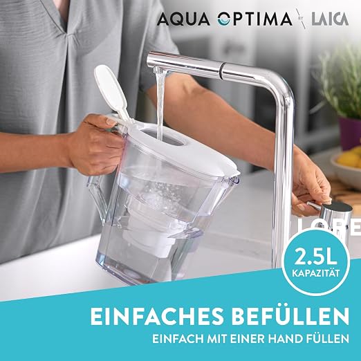 Aqua Optima Liscia Water Filter Jug & 3 x 30 Day Evolve+ Filter Cartridges, 2.5 Litre Capacity, for Reduction of Microplastics, Chlorine, Limescale and Impurities, White (Packaging May Vary)