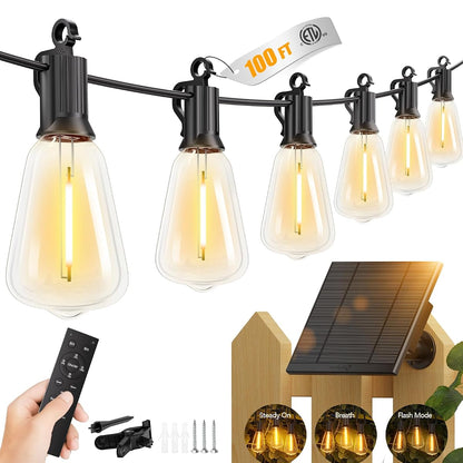 100FT Solar String Lights Outdoor Waterproof with Remote, 31+2 LED Shatterproof Bulbs, Dimmable & Timable, 3 Light Modes - Commercial Grade Patio Lights for Garden Backyard Party Decor