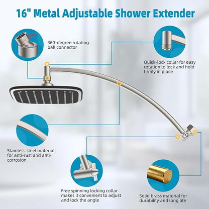 Rain Shower Head with 16" Shower Head Extension Arm, 10" High Pressure Boosting Rainfall/Fixed Showerhead, Metal Shower Head Extender Adjustable Height/Angle, 1-Min Installation, Brushed Nickel