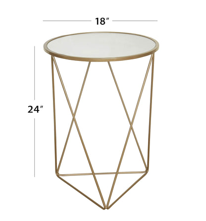 Metal Accent Table Triangle Base Round Mirror Top, Gold
