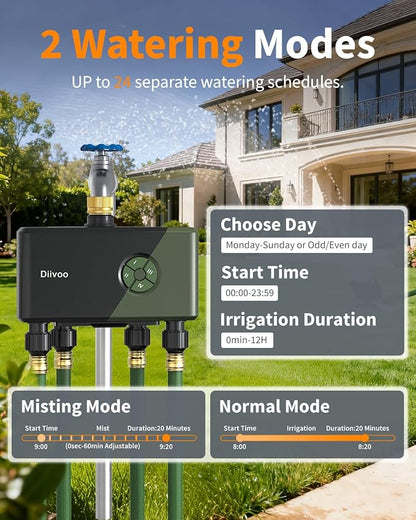 Diivoo Brass 4 Outlets WiFi Water Timer | App Remote Control, 24 Custom Schedules, Rain Delay & Mist Mode for Lawn, Compatible with Alexa/Google Assistant