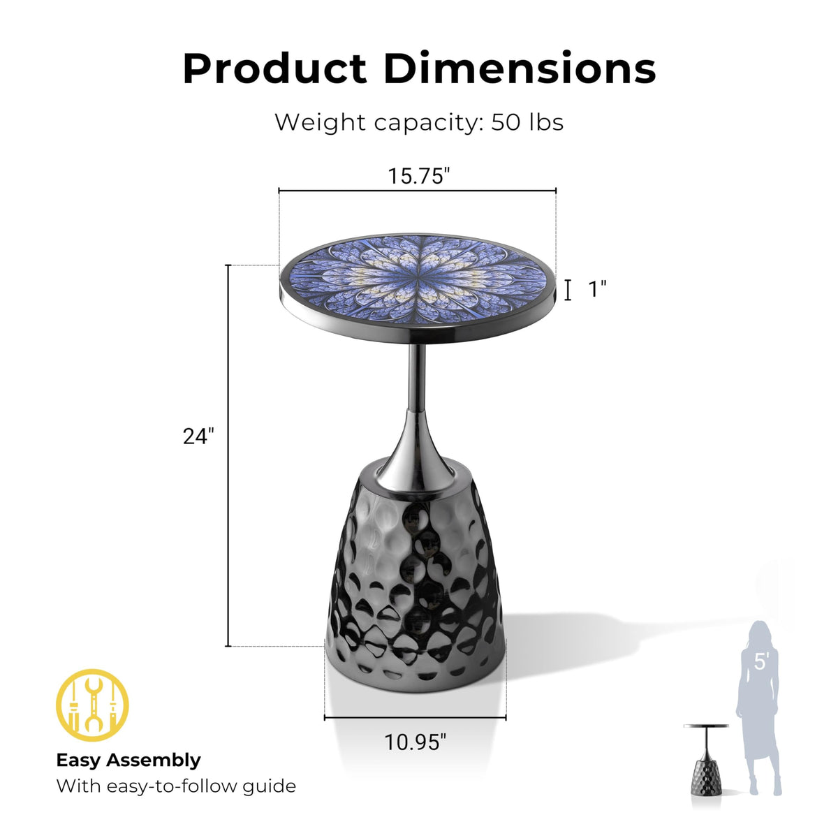 Modern 24" Tall Round End Table with Printed Tabletop and Iron Metal Base, Accent Furniture, Pedestal Stand for Living Room, Home Office, Black with Geometric Floral