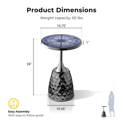 Modern 24" Tall Round End Table with Printed Tabletop and Iron Metal Base, Accent Furniture, Pedestal Stand for Living Room, Home Office, Black with Geometric Floral