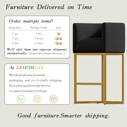 Modern Counter Height Bar Stools,Bar Stools Set of 2,PU Leather Upholstered Barrel Barstools with Backs,24'' Kitchen Island Chairs,Metal Gold Frames,Ink Black Leather