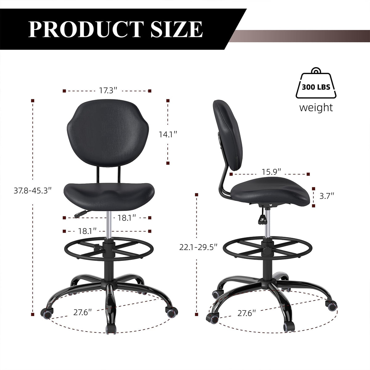Drafting Chair with Back Support, Tall/High Desk Rolling Stool with Footrest Ring, Faux Leather Office Chair with Height Adjustable for Standing Desk, Home Office, Bar, Workbench & Kitchen(Black)
