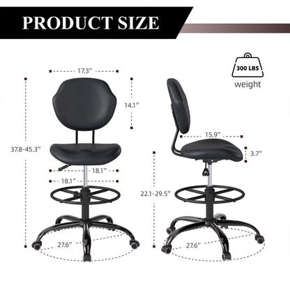 Drafting Chair with Back Support, Tall/High Desk Rolling Stool with Footrest Ring, Faux Leather Office Chair with Height Adjustable for Standing Desk, Home Office, Bar, Workbench & Kitchen(Black)