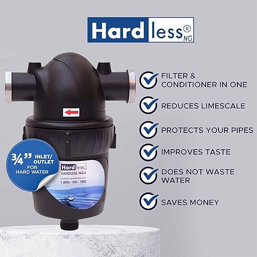 Hardless NG4 Whole House Water Filter- Salt-Free Alternative Softening Device- Reduces Limescale, Sediment & More - Compact, Easy to Install- Comes with 3/4" Inlet/Outlet- Home Water Filtration System