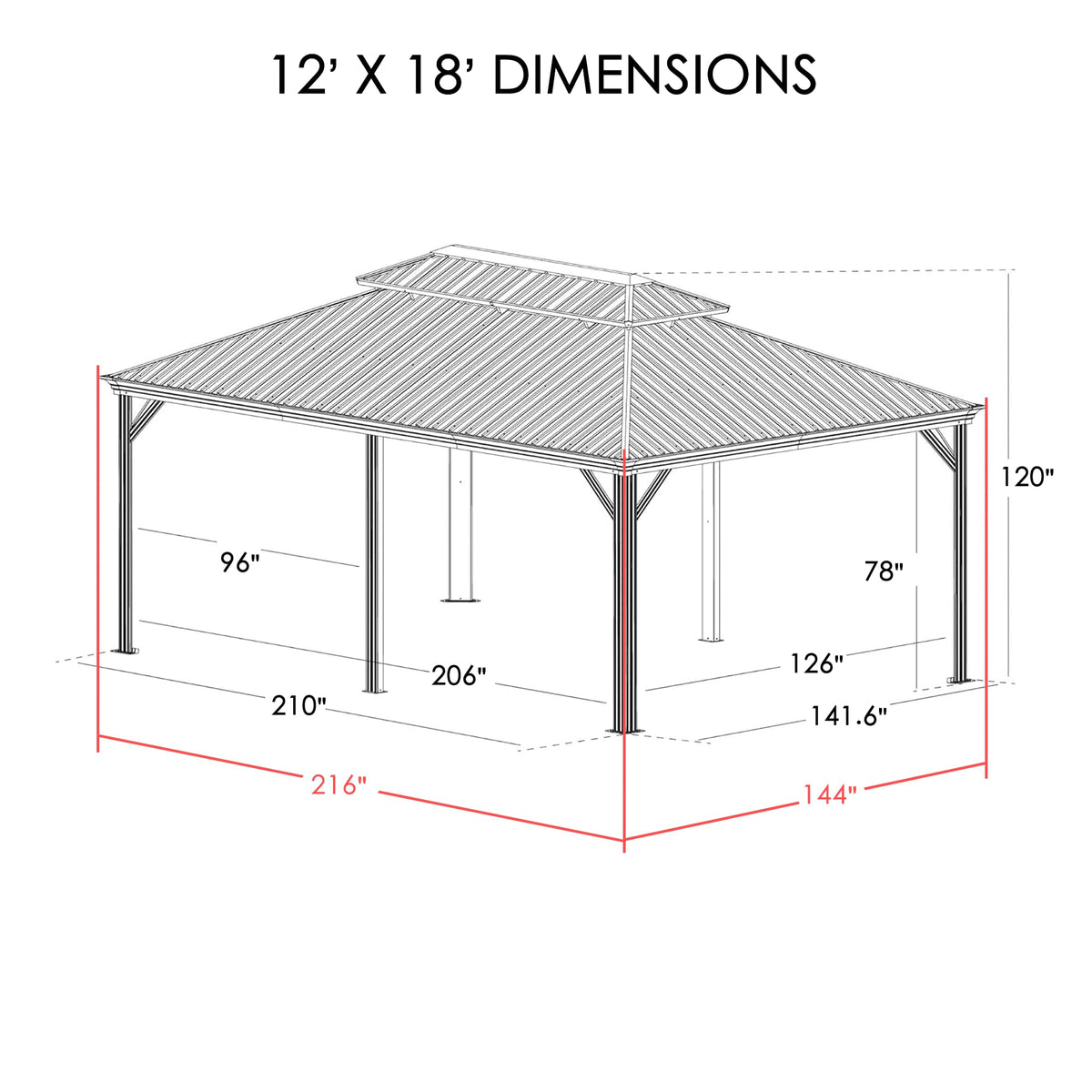 12' x 18' Hardtop Gazebo, Aluminum Frame with Galvanized Steel Double Roof, Outdoor Permanent Pavilion with Curtains and Netting for Patio, Backyard, Deck, Lawn(Gray)