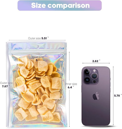 100pcs Holographic Bags,5.5x7.8 inch Resealable Zipper bags for small business, Smell Proof Foil Bags for food storage, Candy, Eyebrow pencil, Small accessories..MOTOMY