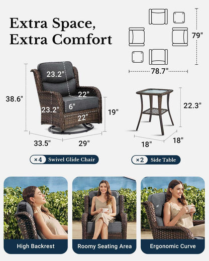Luxury Patio Furniture Set with 6-inch Thick Cushion, Outdoor High Back Swivel Rocker Patio Chairs, 6PCS Wicker Conversation Set for Deck Yard and Poolside, Dark Grey (V2)