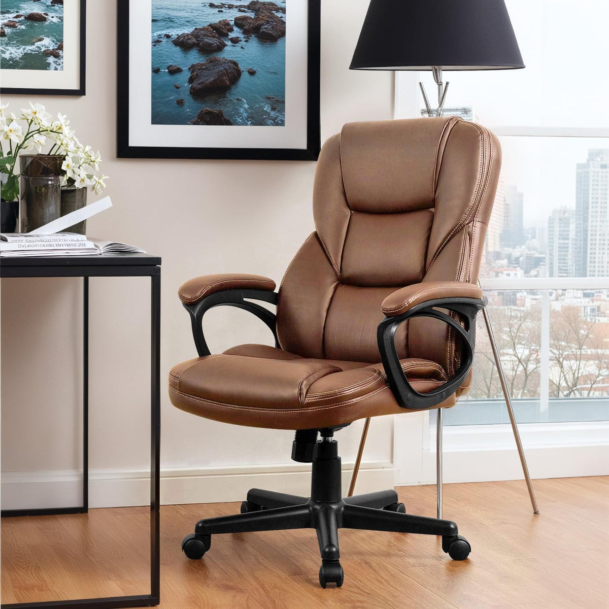Office Executive Chair High Back Adjustable Managerial Home Desk Chair, Swivel Computer PU Leather Chair with Lumbar Support (2, Light Brown)