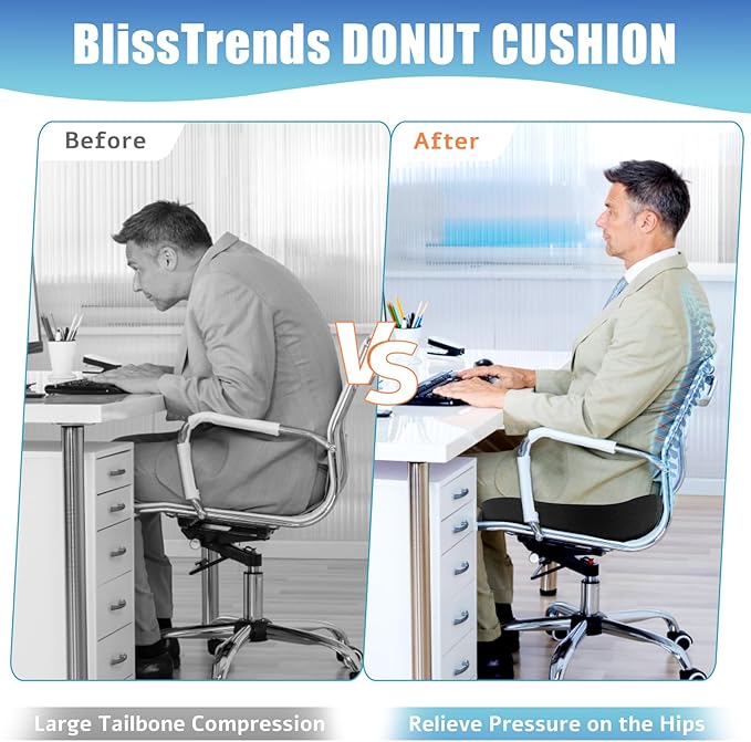 BlissTrends Donut Pillow Seat Cushion, Donut Chair Cushions for Postpartum Pregnancy&Hemorrhoids, Tailbone Pain Relief Cushion, Memory Foam Lifting Cushions for Office & Home Chairs (Black, XX-Large)