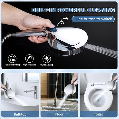 All Metal Rain Shower Head, 8” High Pressure Rainfall Shower Head with Handheld Showerhead, 5" Large Panel Handheld Spray Powerful Clean 10 Modes, 16" Stainless Steel Adjustable Extension Arm, Chrome