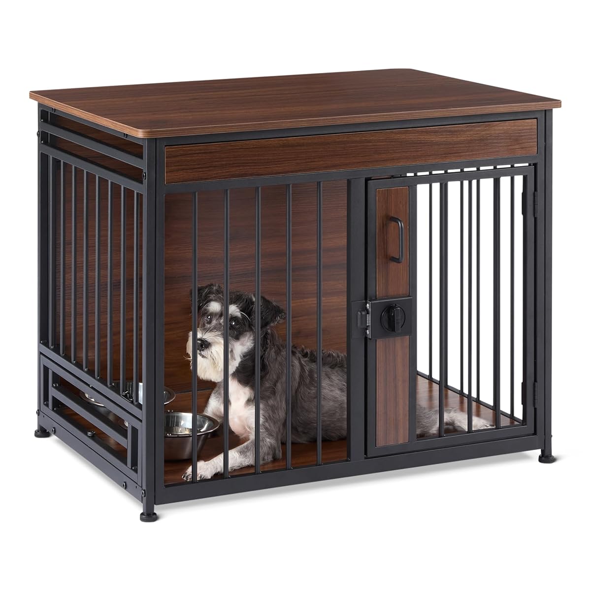 Furniture Style Dog Crate, Sturdy Wooden Pet Kennel, End Table with Space for Pet, Two Bowls Included, 30" x 20.4" x 23.6", Walnut