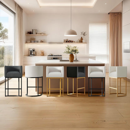 Modern Counter Height Bar Stools,Bar Stools Set of 2,Fabric Upholstered Barrel Barstools with Backs,26'' Kitchen Island Chairs,Metal Gold Frames,Off White Linen