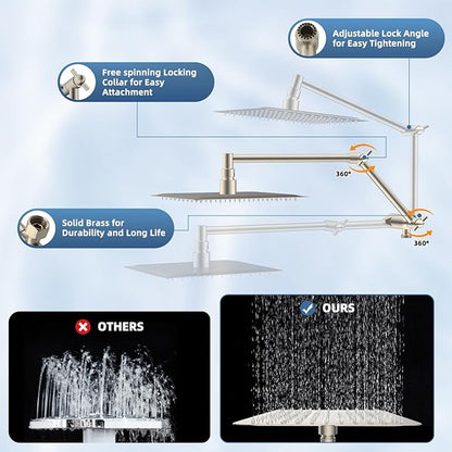 All Metal Rain Shower Head, 8” High Pressure Rainfall Shower Head with Handheld Spray, 5" Large Handheld Showerhead Powerful Clean 10-Mode, 16" Stainless Steel Adjustable Extension Arm, Brushed Nickel