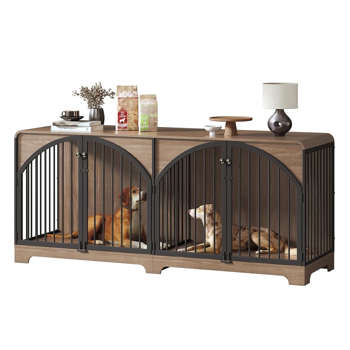 78" Farmhouse Dog Crate Furniture for 2 Large Dogs,Double Door Wooden Dog Kennel with Divider, Decorative Pet House End TV Stand for Living Room,Light Walnut