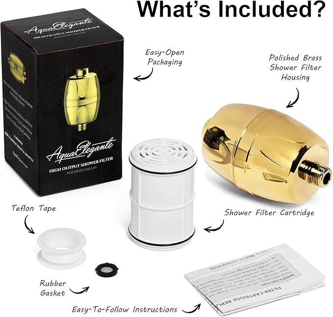 Aqua Elegante Shower Water Filter For Showerhead - Universal Shower Head Filters To Remove Chlorine & Hard Minerals - Gold Bath Purifier And Filtered Softener System Best With KDF-55 - Polished Brass
