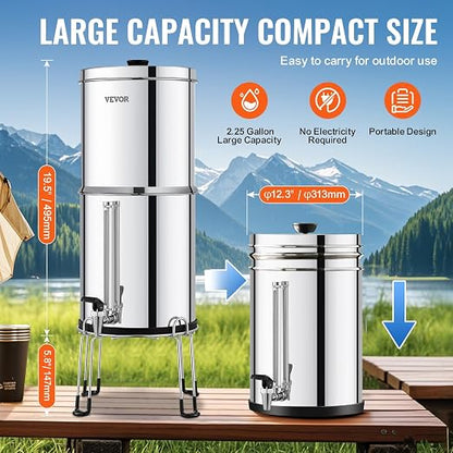 VEVOR Gravity-fed Water Filter System, 2.25G 304 Stainless-Steel Countertop Water Filtration System, Reduces Lead and up to 99% of Chlorine, with 2 Ceramic Carbon Filters, Water Level Spigot, Stand