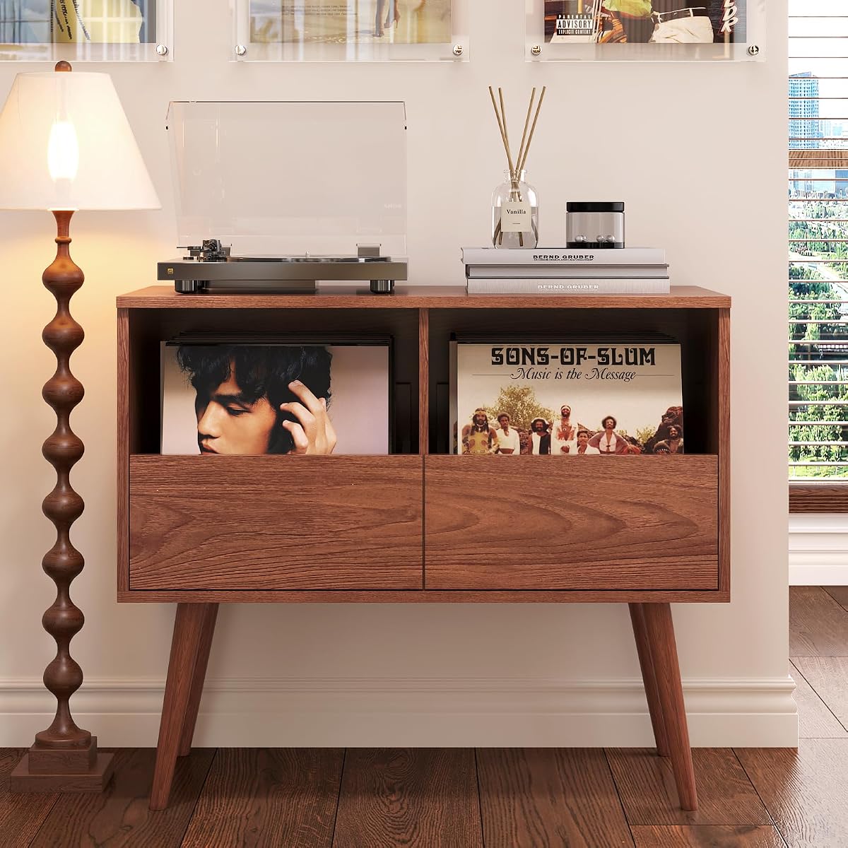 Mid Century Modern Record Player Stand with Vinyl Storage, Brown | Turntable Stand with Solid Wood Legs, 7“/10"/12" Vinyl Record Storage Cabinet, for Living Room, Music Corner