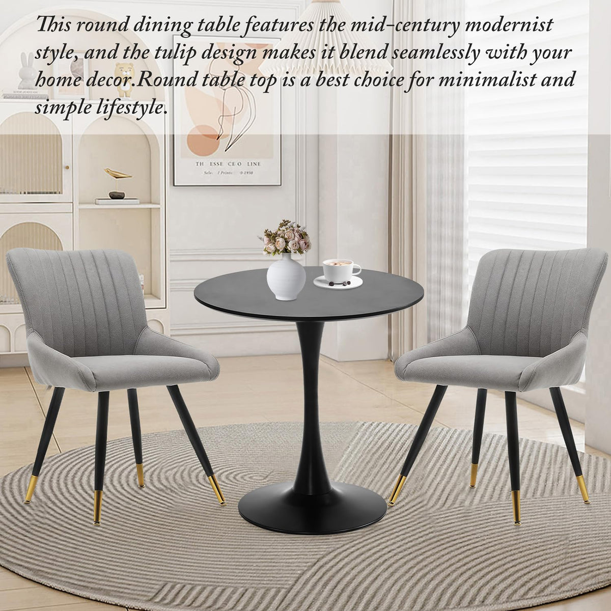 Black Round Dining Table, 27.6" Tulip Table Kitchen Round Dining Table for 1-2 People with MDF Table Top and Metal Pedestal Base, Mid-Century Leisure Table for Home, Dining Room, Cafe
